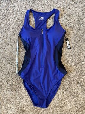 TA3 Scoopy Seamed Zip One Piece Swimsuit Contour Ultramarine/Black 3X X-Long NWT